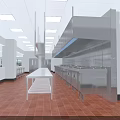 Commercial Kitchen Interior With Stainless Steel Worktables Shelves Windows And Ceiling Lights
