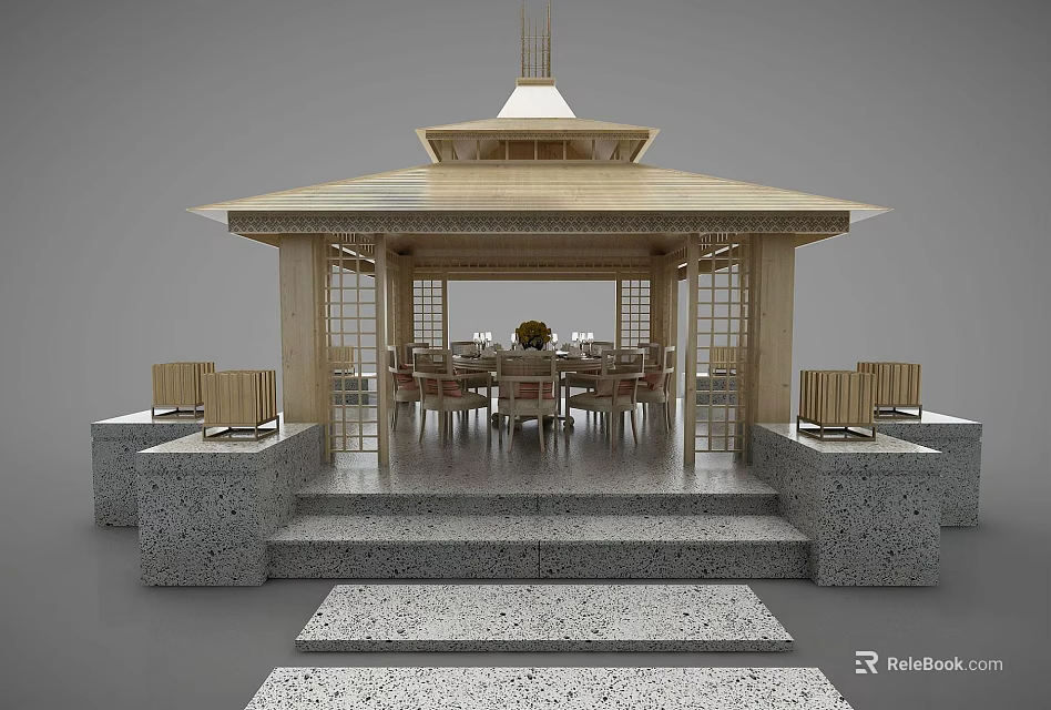 Elegant Garden Landscape With Wooden Pavilion Stone Steps And Dining Area 3d model 