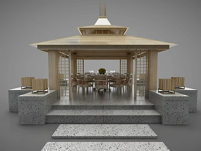 Elegant Garden Landscape With Wooden Pavilion Stone Steps And Dining Area 3d model