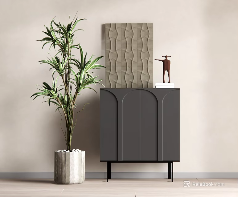 Black Entryway Cabinet Sideboard with Arched Doors Decorative Sculpture and Green Plant in Light Wall Interior 3d model 