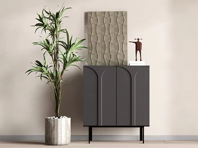 Black Entryway Cabinet Sideboard with Arched Doors Decorative Sculpture and Green Plant in Light Wall Interior 3d model