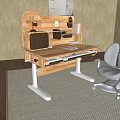 Wooden Desk with Adjustable Height Legs Shelves Storage Compartments and Matching Chair in Modern Interior