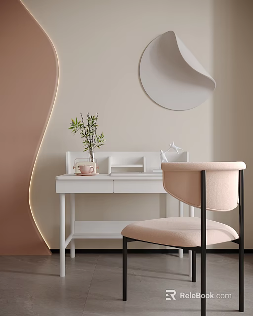 Modern White Desk with Beige Wall Circular Decor Vase Green Plant and Pink Chair 3d model 