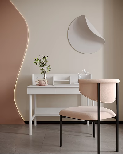 Modern White Desk with Beige Wall Circular Decor Vase Green Plant and Pink Chair 3d model