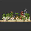 Red Roofed Castle Building Model On Circular Base With Water Area Green Trees And Decorative Statues