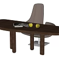 Modern Wooden Desk with Open Book Two Apples and Brown Chair