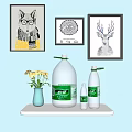 Mineral Water in Different Bottle Sizes Displayed on Light Blue Shelf with Yellow Flowers