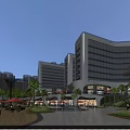 Modern Residential Building With Public Plaza Palm Trees Commercial Shops And Pedestrian Activity