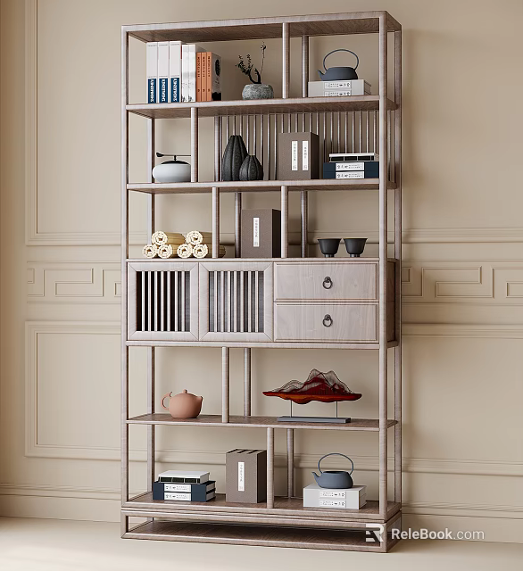 Antique Display Shelf in Traditional Chinese Style with Tea Sets Scrolls Books and Decorative Items 3d model 