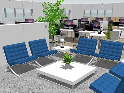 Office Lounge Area Featuring Blue Sofas White Coffee Table Green Plants In Open Office 3d model