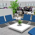 Office Lounge Area Featuring Blue Sofas White Coffee Table Green Plants In Open Office