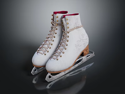 Elegant White Ice Skates With Floral Embroidery Cream Laces Red Lining And Metal Blades 3d model