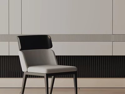 Modern Accent Chair With Black Backrest And Light Gray Upholstered Seat Against Striped Wall Background 3d model