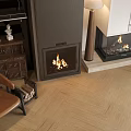 Cozy Interior With Black Walls Fireplaces White Louvered Cabinets Wood Stack And Floor Lamp