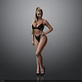 Woman Posing In Black Bikini With Long Blonde Hair And High Heels Against Grey Background