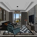 Modern Dining Room Featuring Stylish Chandelier White Table And Blue Chairs