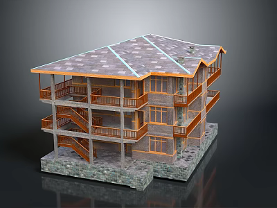Rustic Multi Story Building With Wooden Balconies Stone Base And Sloped Roof 3d model