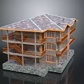 Rustic Multi Story Building With Wooden Balconies Stone Base And Sloped Roof