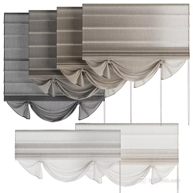 Various Styles Curtains in Neutral Tones with Pleated Valance and Hanging Chains for Interior Decoration 3d model 