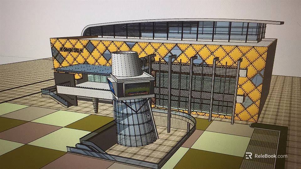 Cultural Center Building With Yellow Diamond Patterned Facade Large Glass Windows And Front Glass Tower 3d model 