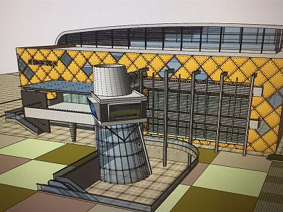 Cultural Center Building With Yellow Diamond Patterned Facade Large Glass Windows And Front Glass Tower 3d model