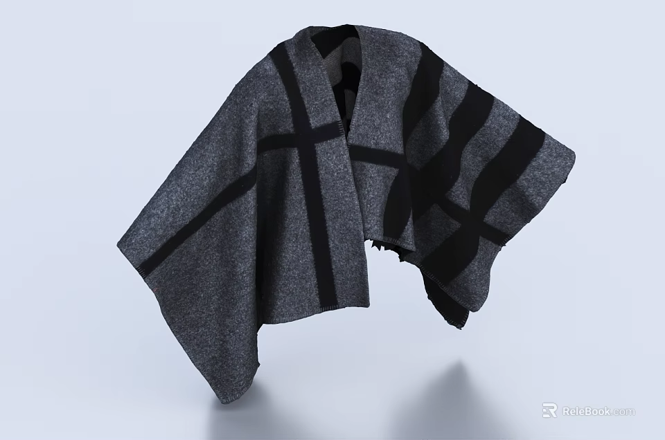 Gray and Black Striped Shawl Loose Fit Knitted Wool Blend Fashionable Outerwear 3d model 