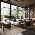 Modern Luxury Sales Office Reception Space With Large Floor Windows And Elegant Wood Furnishings