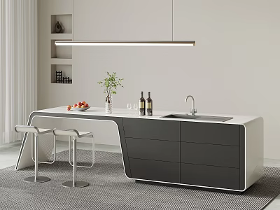 Modern Open Kitchen Interior With White Island Counter Sink Bar Stools And Plants 3d model
