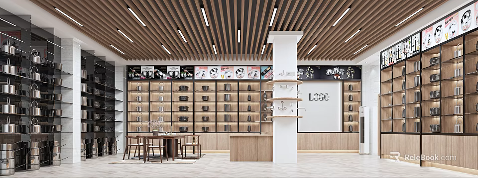 Modern Retail Store Interior Featuring Wooden Shelves Posters Tables Chairs And Logo Sign 3d model 