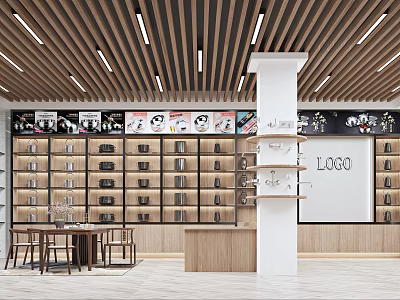Modern Retail Store Interior Featuring Wooden Shelves Posters Tables Chairs And Logo Sign 3d model