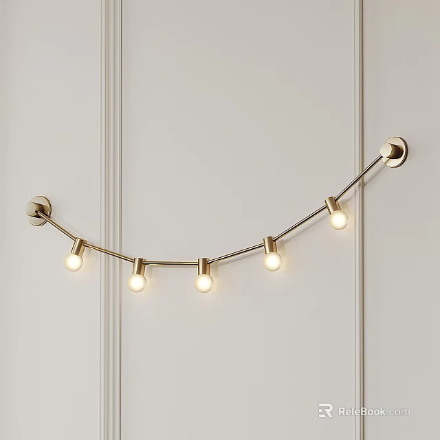 Golden Curved Chandelier With Five Round Bulbs On White Vertical Striped Wall 3d model 