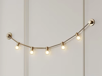 Golden Curved Chandelier With Five Round Bulbs On White Vertical Striped Wall 3d model
