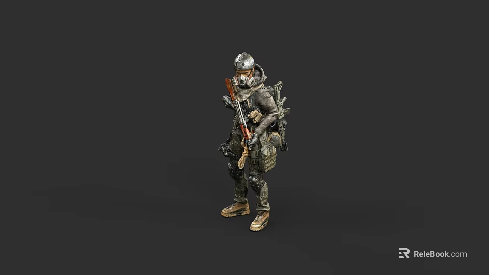 Game And Movie Character In Combat Gear With Helmet Backpack And Rifle 3d model 