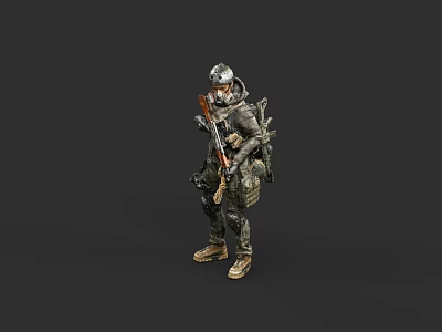 Game And Movie Character In Combat Gear With Helmet Backpack And Rifle 3d model