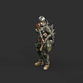 Game And Movie Character In Combat Gear With Helmet Backpack And Rifle