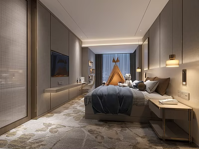 Hotel Guest Room Interior With Comfortable Bed TV Teddy Bear And Kids Tent 3d model