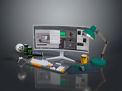 Modern Design Workspace Setup With Monitor Software Interface Keyboard Mouse Lamp And Mug 3d model