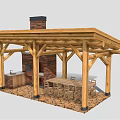 Rustic Wooden Gazebo With Brick Chimney Wooden Beams And Outdoor Dining Table And Chairs