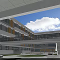 Modern School Building Exterior With Large Glass Windows Open Plaza And Greenery