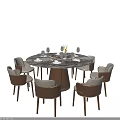Round Marble Top Dining Table Set With Six Chairs Yellow Flower Vase And Tableware 3d model