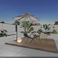 Modern Garden Landscape With Outdoor Patio Wooden Flooring Umbrella Table Chairs And Green Plants