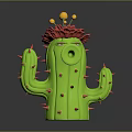 Decorative Character Green Cactus With Red Flower And Yellow Blooms Design