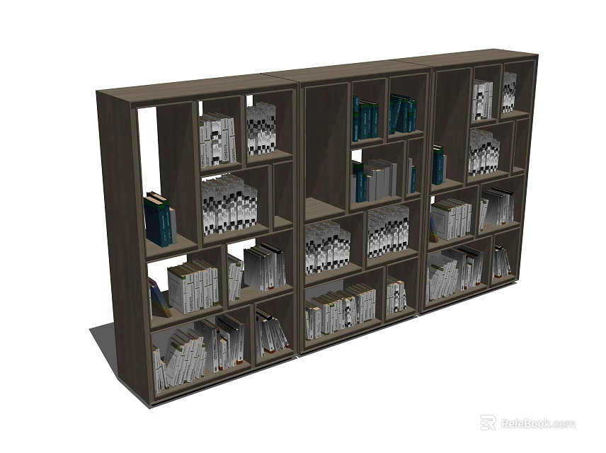 Modern Dark Brown Bookcase With Multiple Compartments Filled With Organized Books 3d model 
