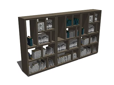 Modern Dark Brown Bookcase With Multiple Compartments Filled With Organized Books 3d model