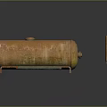 Rusty Cylindrical Oil Tank and Small Metal Container on Reflective Surface 3d model