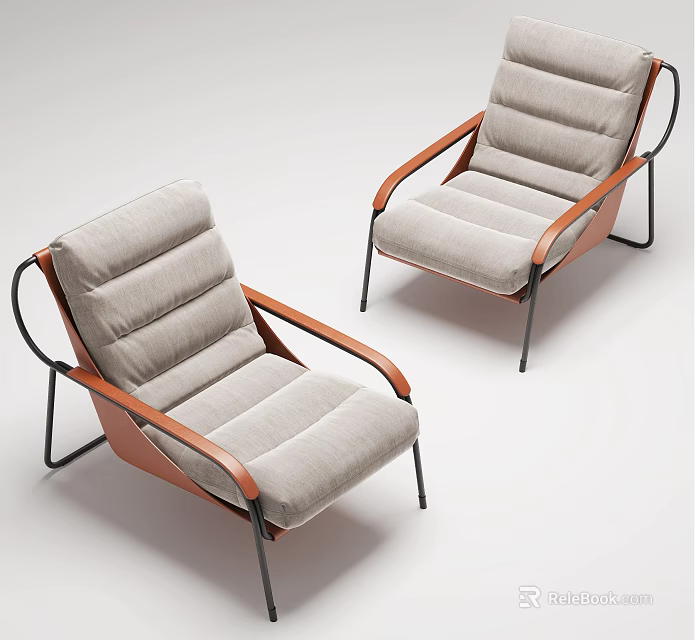 Modern Light Gray Accent Chairs With Brown Leather Armrests And Black Metal Legs 3d model 