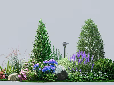 Garden Scene With Tall Trees Purple Flowers Pink Blooms Green Shrubs Stones And Lamp Post 3d model