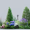 Garden Scene With Tall Trees Purple Flowers Pink Blooms Green Shrubs Stones And Lamp Post