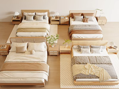 Modern Minimalist Double Beds In Neutral Tones With Nightstands Table Lamps And Plants 3d model