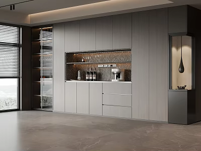 Modern Wine Cabinet With Glass Doors LED Lighting And Wooden Frame In Living Room 3d model